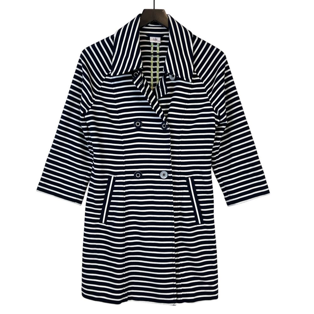 Cabi Size M 5151 Maritime Stripe Knit Trench Coat 5151 Navy Blue